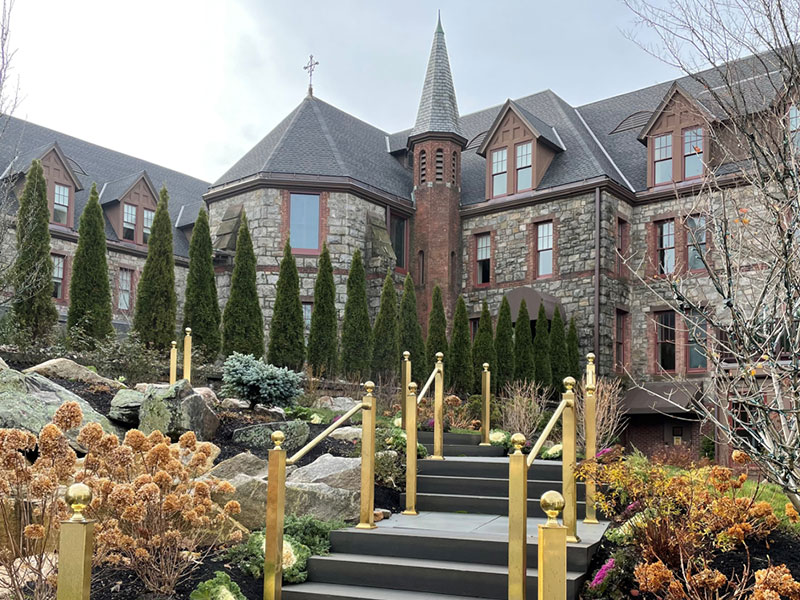 Exterior of stone hotel